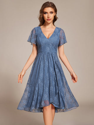 Short Sleeve Ruffled V-Neck A-Line Midi Wedding Guest Dress