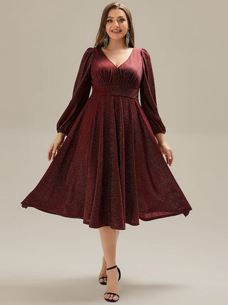 Long Sleeve V-Neck Gathered A-Line Midi Wedding Guest Dresses