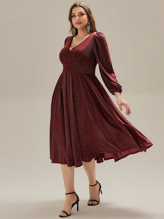 Long Sleeve V-Neck Gathered A-Line Midi Wedding Guest Dresses