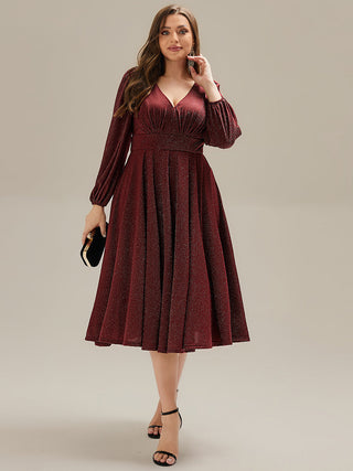 Long Sleeve V-Neck Gathered A-Line Midi Wedding Guest Dresses