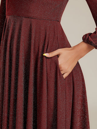 Long Sleeve V-Neck Gathered A-Line Midi Wedding Guest Dresses