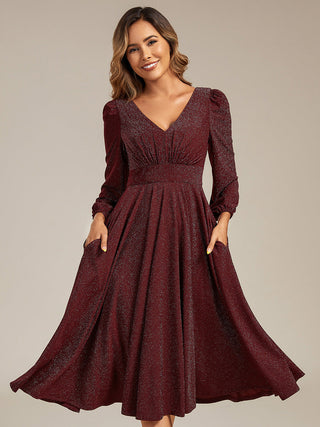 Long Sleeve V-Neck Gathered A-Line Midi Wedding Guest Dresses