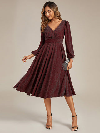 Long Sleeve V-Neck Gathered A-Line Midi Wedding Guest Dresses