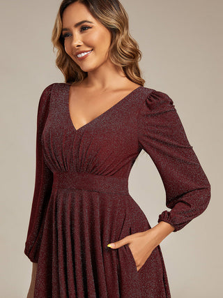 Long Sleeve V-Neck Gathered A-Line Midi Wedding Guest Dresses