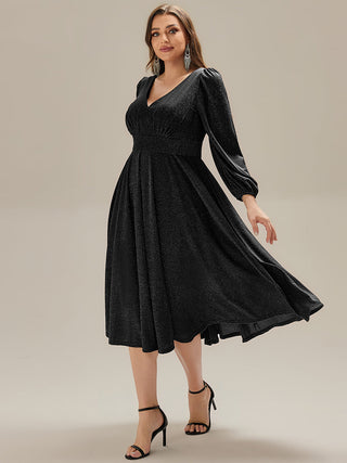 Long Sleeve V-Neck Gathered A-Line Midi Wedding Guest Dresses