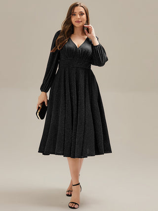 Long Sleeve V-Neck Gathered A-Line Midi Wedding Guest Dresses