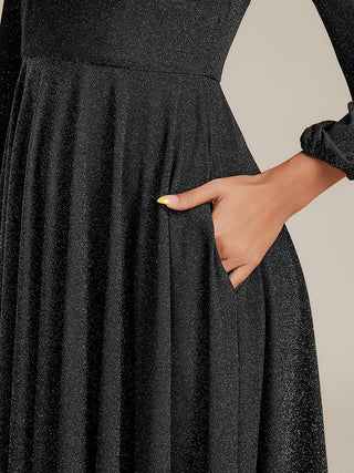 Long Sleeve V-Neck Gathered A-Line Midi Wedding Guest Dresses