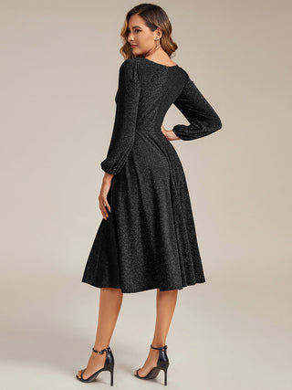 Long Sleeve V-Neck Gathered A-Line Midi Wedding Guest Dresses