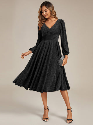 Long Sleeve V-Neck Gathered A-Line Midi Wedding Guest Dresses