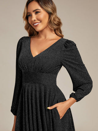 Long Sleeve V-Neck Gathered A-Line Midi Wedding Guest Dresses
