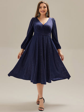 Long Sleeve V-Neck Gathered A-Line Midi Wedding Guest Dresses
