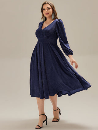 Long Sleeve V-Neck Gathered A-Line Midi Wedding Guest Dresses