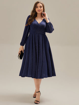 Long Sleeve V-Neck Gathered A-Line Midi Wedding Guest Dresses