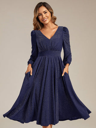 Long Sleeve V-Neck Gathered A-Line Midi Wedding Guest Dresses