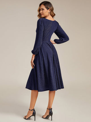 Long Sleeve V-Neck Gathered A-Line Midi Wedding Guest Dresses