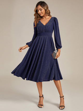Long Sleeve V-Neck Gathered A-Line Midi Wedding Guest Dresses