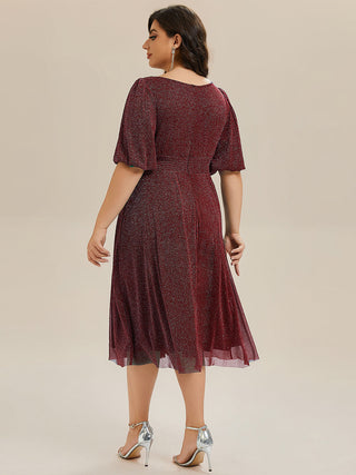 Plus Size Half Sleeve Lantern A-Line Gathered Midi Wedding Guest Dresses