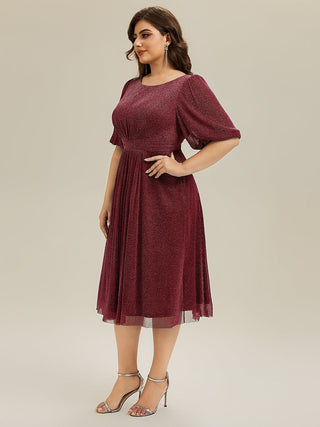 Plus Size Half Sleeve Lantern A-Line Gathered Midi Wedding Guest Dresses