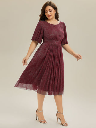 Half Sleeve Gathered A-Line Midi Length Wedding Guest Dresses