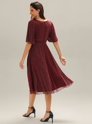 Half Sleeve Gathered A-Line Midi Length Wedding Guest Dresses