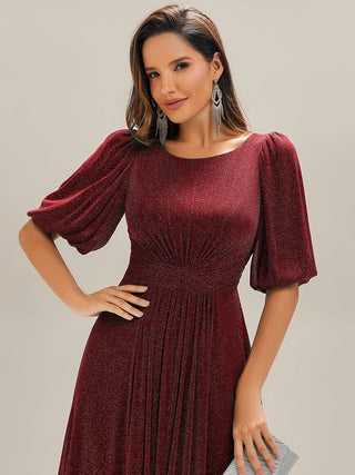 Half Sleeve Gathered A-Line Midi Length Wedding Guest Dresses