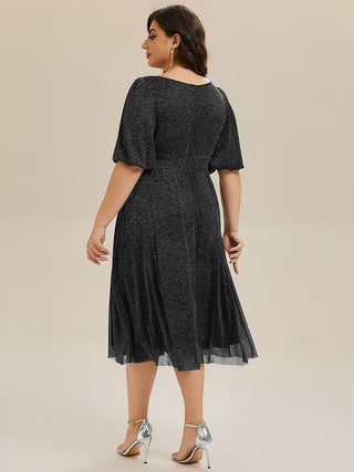 Half Sleeve Gathered A-Line Midi Length Wedding Guest Dresses