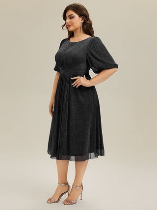 Plus Size Half Sleeve Lantern A-Line Gathered Midi Wedding Guest Dresses