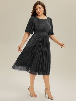 Plus Size Half Sleeve Lantern A-Line Gathered Midi Wedding Guest Dresses