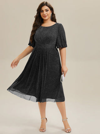 Plus Size Half Sleeve Lantern A-Line Gathered Midi Wedding Guest Dresses