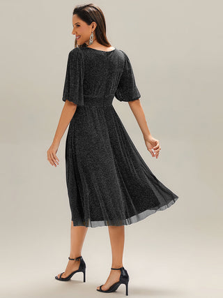 Half Sleeve Gathered A-Line Midi Length Wedding Guest Dresses