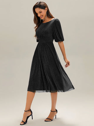Half Sleeve Gathered A-Line Midi Length Wedding Guest Dresses