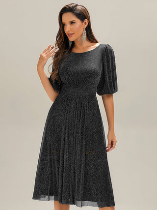 Half Sleeve Gathered A-Line Midi Length Wedding Guest Dresses