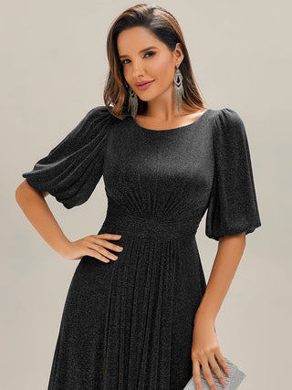 Half Sleeve Gathered A-Line Midi Length Wedding Guest Dresses
