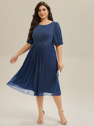 Half Sleeve Gathered A-Line Midi Length Wedding Guest Dresses