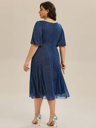 Plus Size Half Sleeve Lantern A-Line Gathered Midi Wedding Guest Dresses