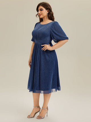 Plus Size Half Sleeve Lantern A-Line Gathered Midi Wedding Guest Dresses