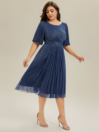 Half Sleeve Gathered A-Line Midi Length Wedding Guest Dresses