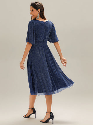Half Sleeve Gathered A-Line Midi Length Wedding Guest Dresses