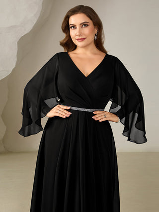 Plus Size 3/4 Sleeve Ruffle Deep V-Neck A-Line Midi Wedding Guest Dresses