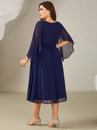 Plus Size 3/4 Sleeve Ruffle Deep V-Neck A-Line Midi Wedding Guest Dresses