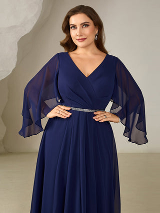 Plus Size 3/4 Sleeve Ruffle Deep V-Neck A-Line Midi Wedding Guest Dresses