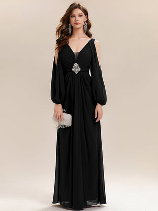 Long Sleeve Lantern Sleeve A-Line Floor Length V-Neck Wedding Guest Dresses