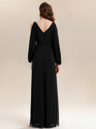 Long Sleeve Lantern Sleeve A-Line Floor Length V-Neck Wedding Guest Dresses