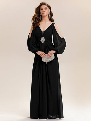 Long Sleeve Lantern Sleeve A-Line Floor Length V-Neck Wedding Guest Dresses