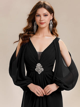 Long Sleeve Lantern Sleeve A-Line Floor Length V-Neck Wedding Guest Dresses