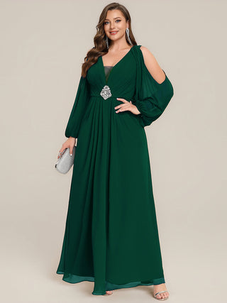 Long Sleeve Lantern Sleeve A-Line Floor Length V-Neck Wedding Guest Dresses
