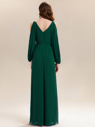 Long Sleeve Lantern Sleeve A-Line Floor Length V-Neck Wedding Guest Dresses