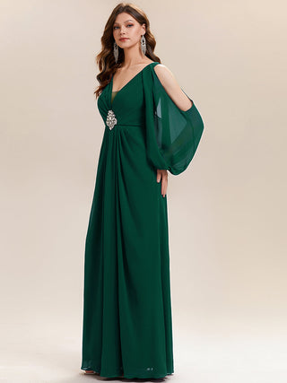 Long Sleeve Lantern Sleeve A-Line Floor Length V-Neck Wedding Guest Dresses