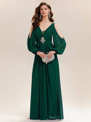 Long Sleeve Lantern Sleeve A-Line Floor Length V-Neck Wedding Guest Dresses
