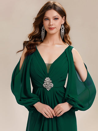 Long Sleeve Lantern Sleeve A-Line Floor Length V-Neck Wedding Guest Dresses